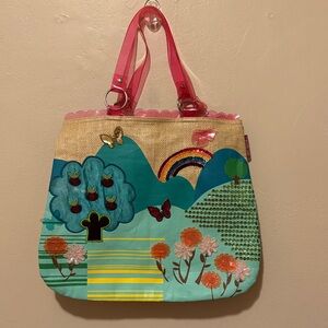 Whimsical Landscape Tote with Pink Handles